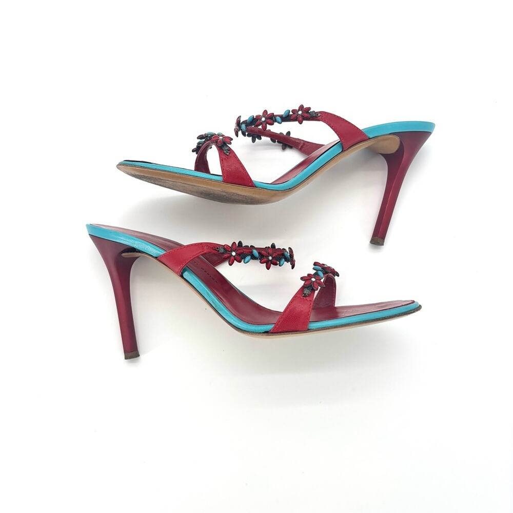 Vintage Giuseppe Zanotti Red Turquoise Floral Embellished Mules Sandals  37 - Picture 7 of 12